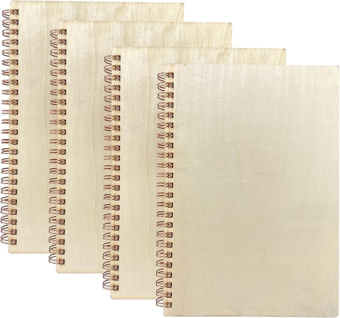 cregugua 4 pack a5 wood cover jounal notebook 40 sheets sketchbook 8.5 x 5.8 in unlined spiral notebook for crafting project,small scrapbook