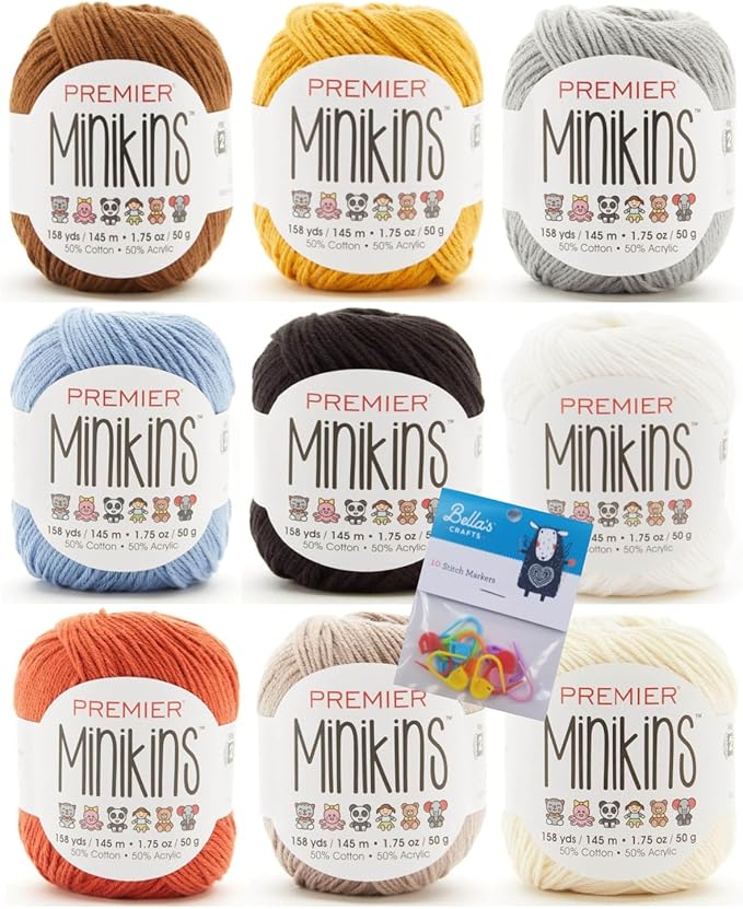Premier Minikins Yarn 9-Pack Bundle with Bella's Crafts Stitch Markers (Wild Animals)