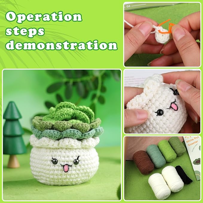 FTEVEN Crochet Kit for Beginners, 3PCS Coasters Potted Plants Crochet Starter Kit for Beginners Adults, Knitting Kit with Step-by-Step Video Tutorials and Crochet Yarns for DIY Christmas Decoration