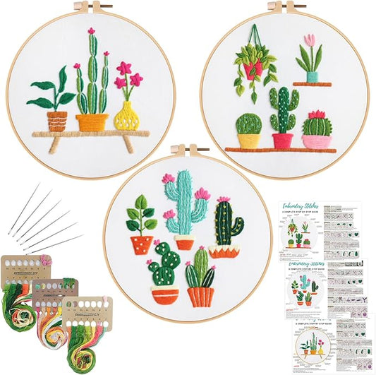 Louise Maelys 3 Sets Cactus Embroidery Kits for Beginners,Cross Stitch Kit for Adults,Crewel Starters Needlepoint with Plants Pattern, Hoop and Instruction