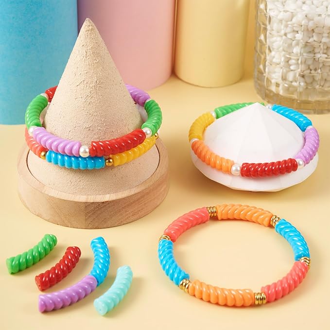 Crafans 100Pcs 12mm Acrylic Tube Beads 10 Colors Twist Long Noodle Curved Tube Beads for Crafts DIY Bamboo Bangles Bracelet Jewelry Making Supplies