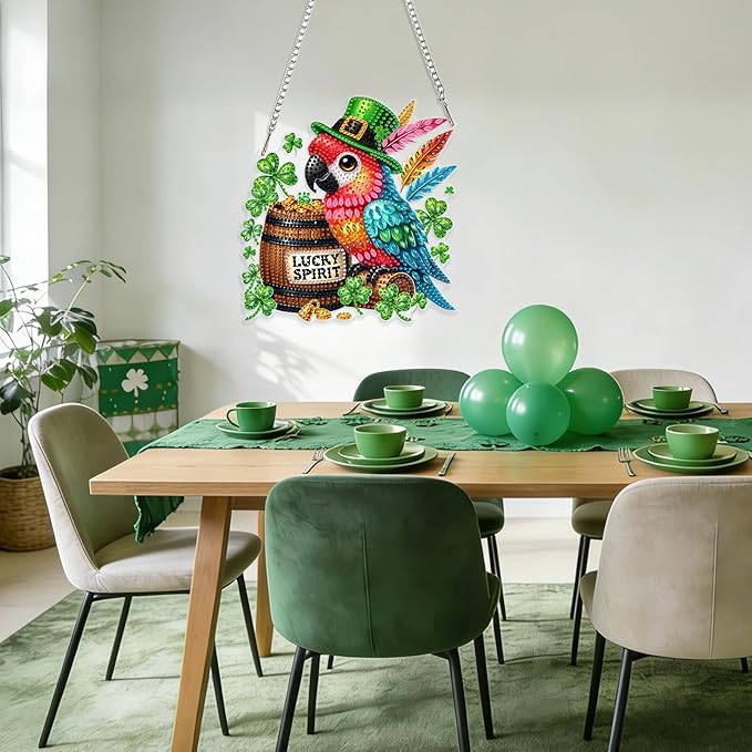 GHHKUD Macaw Diamond Art Hanging Kit for Adults, DIY Double Sided Diamond Painting Hanging St.Patrick's Day, Special Shaped Acrylic Ornaments Pendants for Window Home Garden Wall