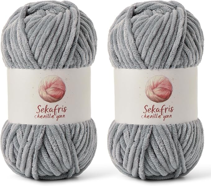2 Pack Chunky Chenille Yarn for Crocheting, Baby Yarn for Crocheting Soft Blanket, 174.9 yds /7 oz Crochet Yarn, Bulky 5 Amigurumi Yarns, Fluffy Velvet Yarns for Knitting Crafts (2 Grayish)