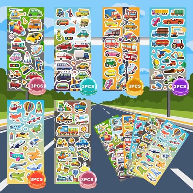 36 sheets cars and trucks stickers for kids, 700+ vehicle transportation stickers party favors pack including cars, construction,fire trucks,buses,airplane,rocket and more!
