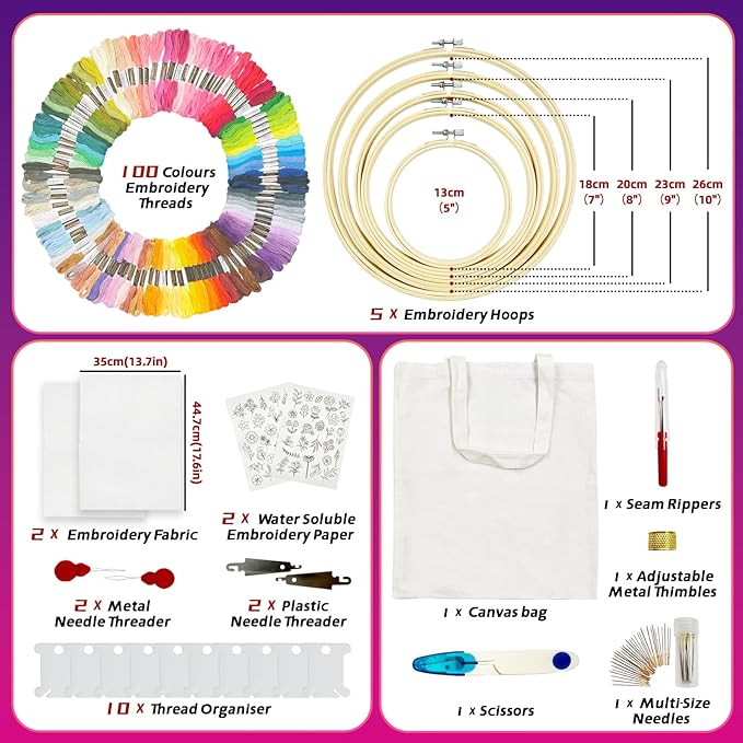 SNAIL GARDEN 256PCS Complete Embroidery Kit with Canvas Bag,2 Sticky Water Soluble Paper Stabilizers with 50 Patterns, 100 Colorful Threads, 5 Hoops, Fabric Pieces, Needle Threaders,Thread Organiser