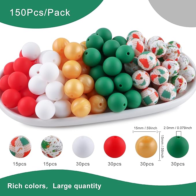 150Pcs Mixed Color 15mm Silicone Beads for Keychain Making, Christmas Green Red Print Silicone Beads for Pens and Bracelet Jewelry Making