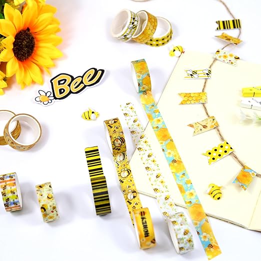 Bee Washi Tape Set,12 Rolls Honey Daisy Decorative Tape Yellow Black Bumblebee honeycombs Masking Tape for Journaling Supplies, Junk Journal, Scrapbooking, DIY Arts & Crafts, Gift Wrapping