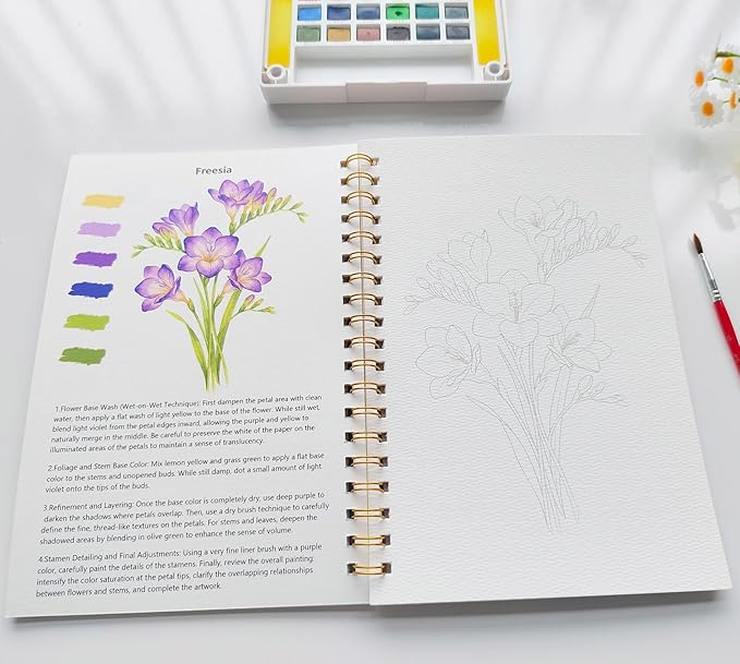 Watercolor Workbook,Water Coloring Book for Adult & Teens Beginners,15 Beautiful Flowers Designs 300gsm Cold Press Cotton Watercolor Paper,Perfect Gifts to Spark Creativity Stress Relief(10.2" x 6.9")