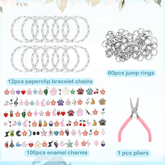 Tondiamo 173 Pieces Charm Bracelet Making Kit for Women DIY Silver Chain Bracelet Jewelry Making Kit for Adult 100 Assorted Charms Pendants 60 Jump Rings Pliers for Crafts Beginner Supplies Gift