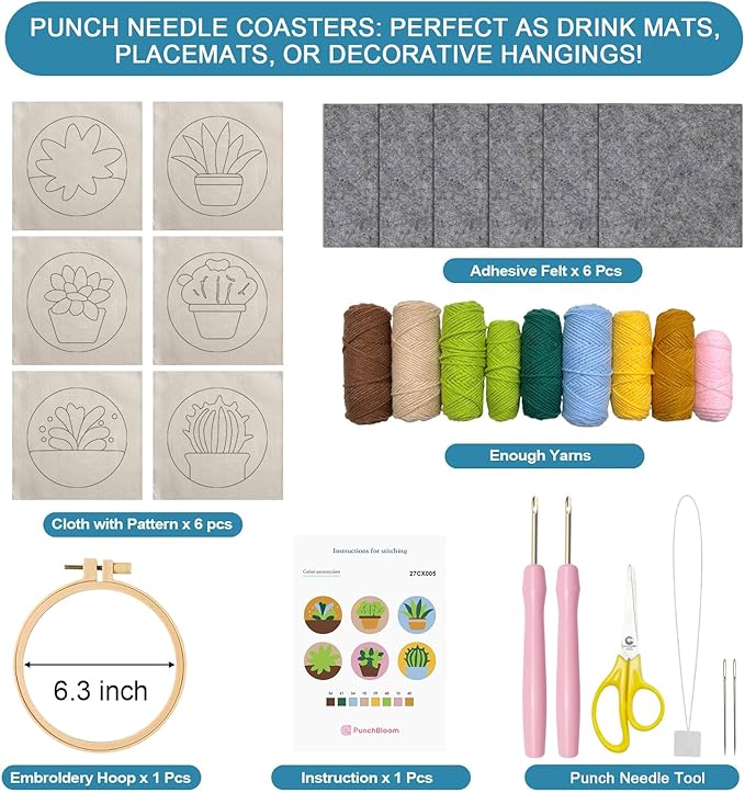 Punch Needle Coaster Kit for Adults Beginners, Easy Punch Embroidery Starter Set with Instructions – Fun Mug Rug Making Kit for Table Decor & Festival DIY Gifts (6pcs Succulent Plants)