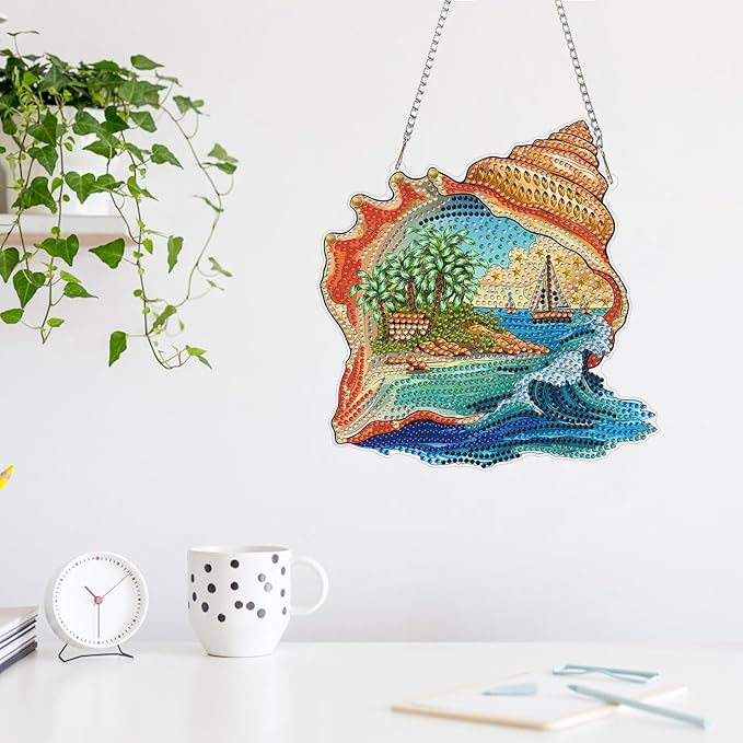 MAXBYE Diamond Art Kits Hanging Ocean Conch Pendant, DIY 5D Special Shaped Diamond Painting Craft Gem Art Rhinestone for Adults and Home Window Door Decor 8×8 Inch