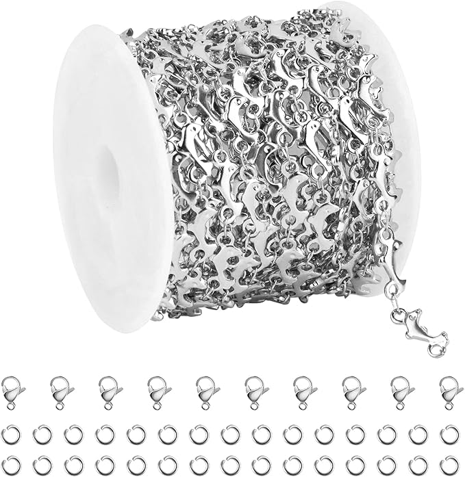 Kyutong 13 Feet Stainless Steel Chains for Jewelry Making Lovely Dolphins Link Chain Roll with Lobster Clasps and Jump Rings for Jewelry Crafts DIY