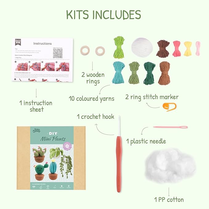 HOUSE CREATIVITY Crochet Plant Kit for Beginners – Mini Succulent & Cactus Garden (5 Plants), Amigurumi Crochet Starter Kit with Video Tutorial, Yarn & Pots, Cute Desk Decor DIY Craft Gift