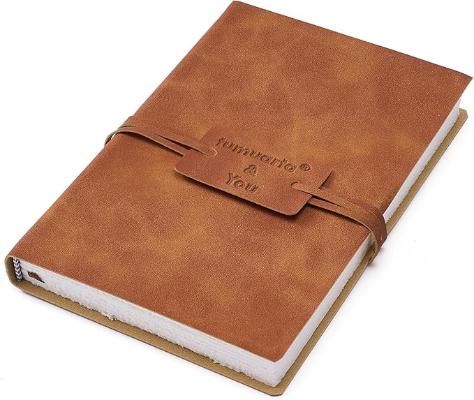 tumuarta Deckle Edge Watercolor Paper Journal Sketchbook, 100% Cotton Vintage Leather Notebook, 140 Lb, 300 GSM, 24 Sheets Handmade Diary for Mixed Media Techniques,7.5x5