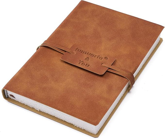 tumuarta Deckle Edge Watercolor Paper Sketchbook, 100% Cotton Vintage Leather Journal, 140 Lb, 300 GSM, 24 Sheets Handmade Diary for Mixed Media Techniques. (Brown, 6"x4")