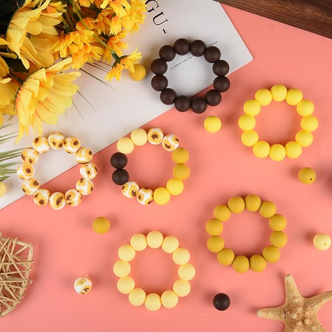 ASTARON 100 Pcs 15mm Silicone Beads for Keychain Making, Browm Yellow Beads Bulk Round Beads for Bracelets Crafts Beadable Pens Decorations Jewelry Making Party Favors Supplies