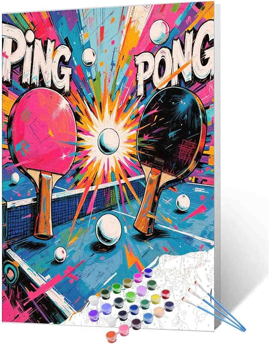 Ping Pong Paint by Number for Adults Beginner Vibrant Table Tennis Digital Oil Painting for Adults & Teens Graffiti Paint by Number Kit on Canvas for Home Wall Decor Gifts 16x20 Inch (Frameless)