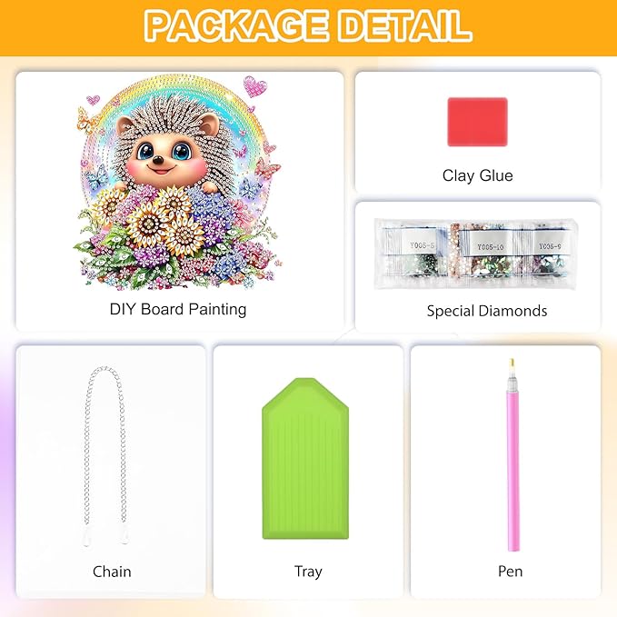 QENSPE Diamond Painting Art Hanging for Adults, Cute Hedgehog Special Shape Diamond Paingting Ornaments Kits with Chain, DIY Flowers Crystal Window Pendants for Home Wall Decor Gifts 20X20 cm
