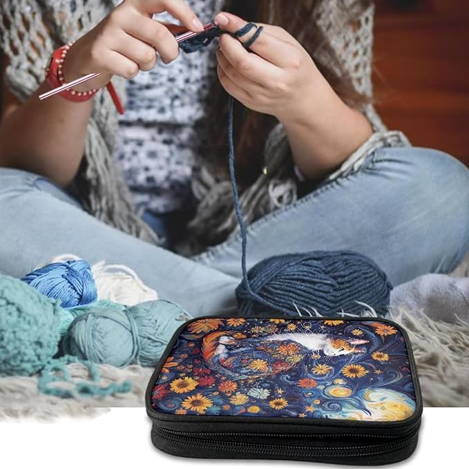 Hechitok Cat Flower Crochet Hook Case with Zipper and Web Pockets for Crochet Needles/Knitting Accessories Lightweight Organizer Bag for Crochet Hook Kit Tools