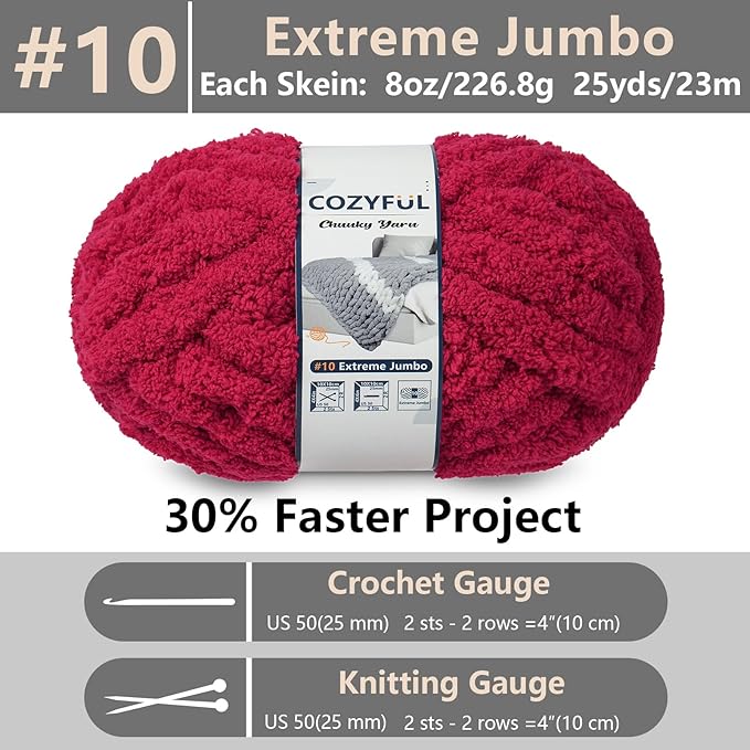 Chunky Yarn for Hand Knitting - #10 Chunky Chenille Yarn, Jumbo Big Thick Chunky Yarns for Crocheting, Super Bulky Chunky Knit Blanket Yarns, 8 Skein (25 yds 8 oz Each Skein), Cherry Red