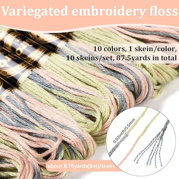 10 Skeins 87.5 Yards 6 Strands Hand Variegated Embroidery Floss Gradient Cross Stitch Thread Friendship Bracelet String Yarn Bracelets Threads Bulk for Sewing Crochet Crafts Stitching DIY