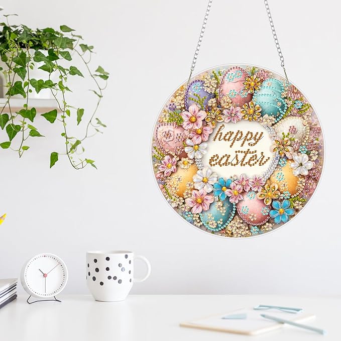 MAXBYE Easter Hanging Diamond Art Kits for Adults Colorful Eggs with Flowers, Special Crystal Double Sided Pendant DIY Diamond Art Painting Kits for Beginners Gift Wall Home Decoration 8×12Inch