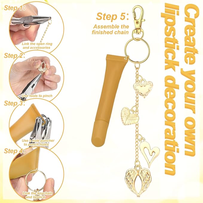 VioraWhite 213 Pcs Lip Gloss Keychain Making Kit 100 Pink Enamel Charms 32.81 ft Gold Chains for DIY Crafts Women(Gold)