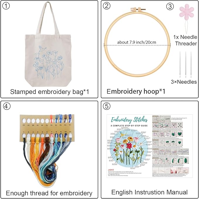 louise maelys embroidery kit canvas tote bag for beginners,cross stitch kits for adults,diy crafts needlepoint include hummingbird floral pattern,women shopping reusable grocery bags