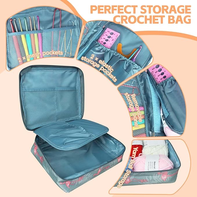 58pcs Crochet Kit Beginners, Crochet Hook Set with Yarn, Portable Crocheting Kit for Starter, Ergonomic Crochet Needles Tools DIY Knitting Accessories for Experienced Crochet Lovers, Flamingo