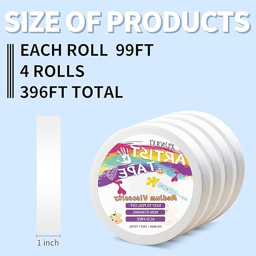 4 Packs Artist Tape Medium Tack White Art Tape for Watercolor Paper Drafting Art Painting Canvas Framing Acid Free Masking Tape- 1IN Wide 396FT Long Total