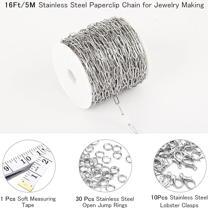 16Ft Stainless Steel Paperclip Chain for Jewelry Making, 4.5mm Width Silver Paper Clip Link Chains Roll for DIY Necklace Bracelet Craft Jewelry Making Supplies with Lobster Clasps Soft Tape Measure