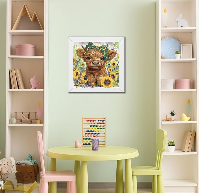 BYGFHLYW Cow Diamond Painting Kit for Kids with Frame, Animals Diamond Art for Kids Ages 8-12, Full Drill Cute Diamond dot Big Gem Art Kits for Children Beginners Home Wall Art Decor 7X7 inch