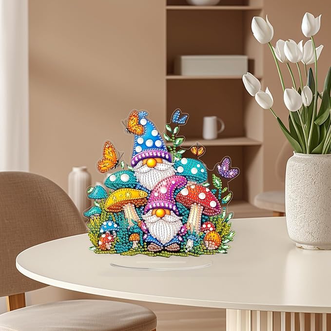 KEYIFA Diamond Painting Desktop Ornament, DIY Gnome Diamond Art for Adults Beginner, Mushroom Gem Arts Table Decor Special Shaped Rhinestone Crafts Home Desk Decoration Gift, Double Sided