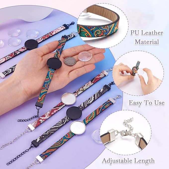 FASHEWELRY 6Pcs PU Leather Cord Bracelet Bezel Bohemian Blank Photo Tray Bracelet Band Settings 26.5mm Adjustable Round Tray With Glass Cabochons for Jewelry Making