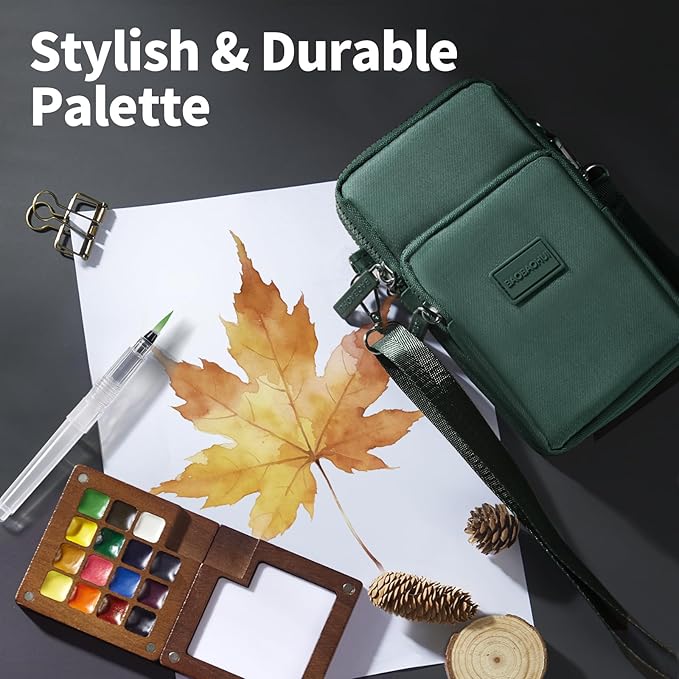 Mini Watercolor Paint Set, All-in-One 15-Color Walnut Wood Travel Kit with Crossbody Bag, Watercolor Journal, Metal Clip, Water Cup, Water Brush, Portable Pocket Art Set for Adult Art Lovers (Green)