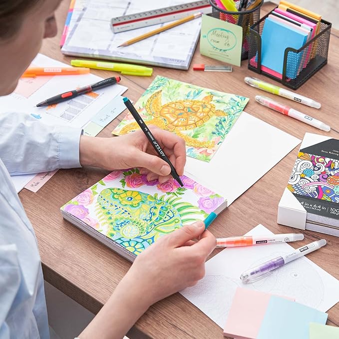Arteza Coloring Book for Adults, 6.4 x 6.4 Inches, Animal Designs, 72 Sheets, 100 lb Paper, Detachable Pages, Black Outlines, Art Supplies for Relaxing, Reflecting, and Decompressing