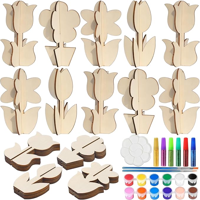 Mykzarpnix Wooden Flower Painting Kit, 12 Unfinished Wood 3D Flowers to Paint, DIY Spring Craft Set for Adults and Family, Blank Tulip Wood Cutouts for Home Decor, Tabletop Mantel Display
