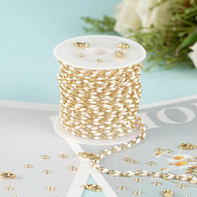 KYUNHOO 13 Feet/4M White Oil Drip Chain for Jewelry Making Twist Lip Chain Roll Gold Plated Brass Jewelry Link for Necklace Bracelet Earring DIY Finding Supplies