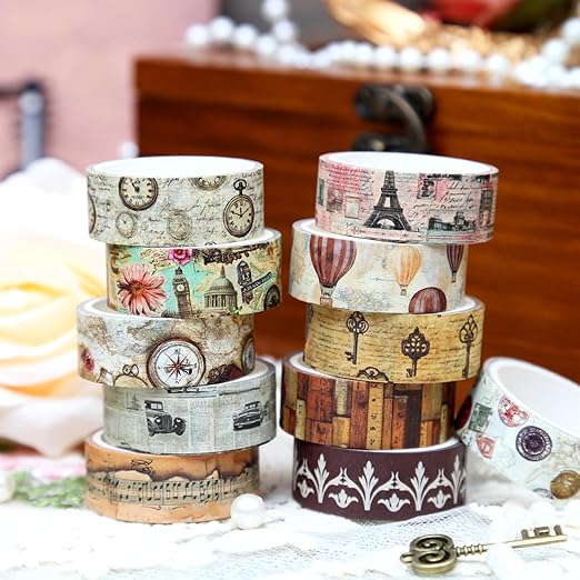 Vintage Washi Tape Set, 16 Rolls, Multicolored, 3m x 15mm, Travel Themed Designs, Ideal for Scrapbooking, Journaling, Gift Wrapping