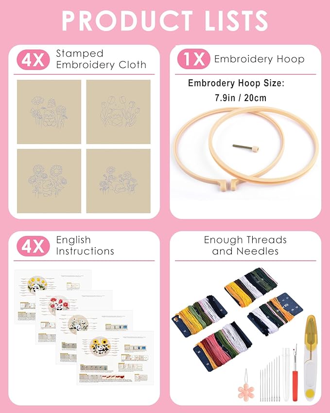 TINDTOP 4 Sets Embroidery Kit for Adult, Panda Embroidery Practice Kits for Beginners Include Embroidery Cloth Hoops Threads for Craft Lover Hand Stitch with Embroidery Skill Techniques