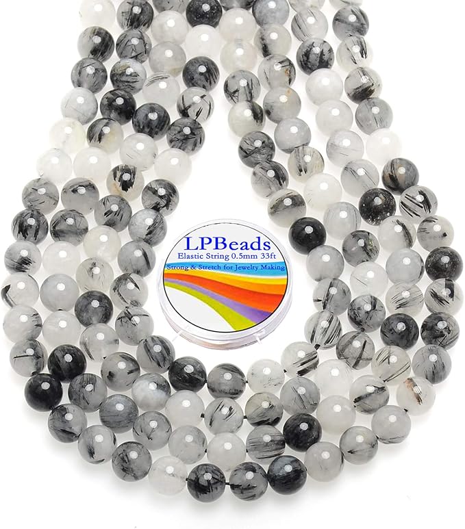 LPBeads 100pcs Polished 8mm Round Natural Black Rutilated Quartz Gemstone Loose Beads with Stretch Cord for Jewelry Making Bracelets