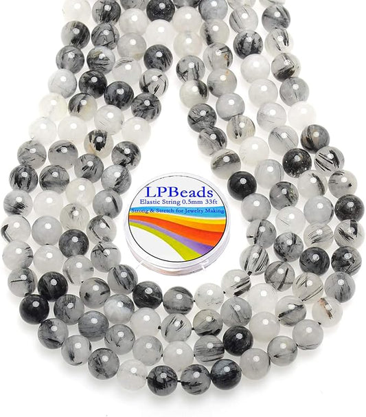 LPBeads 100pcs Polished 8mm Round Natural Black Rutilated Quartz Gemstone Loose Beads with Stretch Cord for Jewelry Making Bracelets