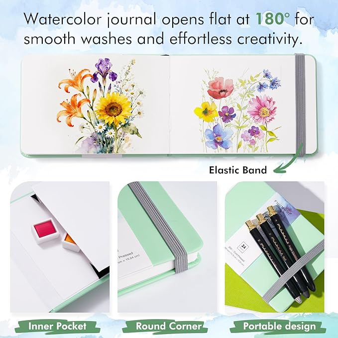 Watercolor Journal, Fuumuui 4"x6" Watercolor Sketchbook with 24 Sheets 140 LB (300 GSM) Cotton Paper for Painting, Drawing, Art Journaling, Sketchbook As Travel Notebook
