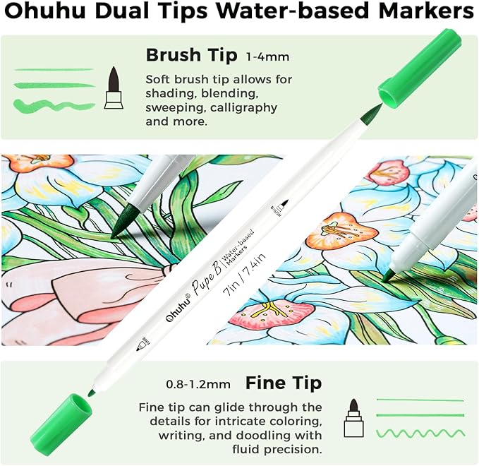 Ohuhu Adult Coloring Book 30 Patterns with 40 Colors Paper-Friendly Markers 230gsm Spiral Bound Coloring Book for Adults Relaxation Water-Based Markers for Adult Coloring Books No Bleeding - Pupe B
