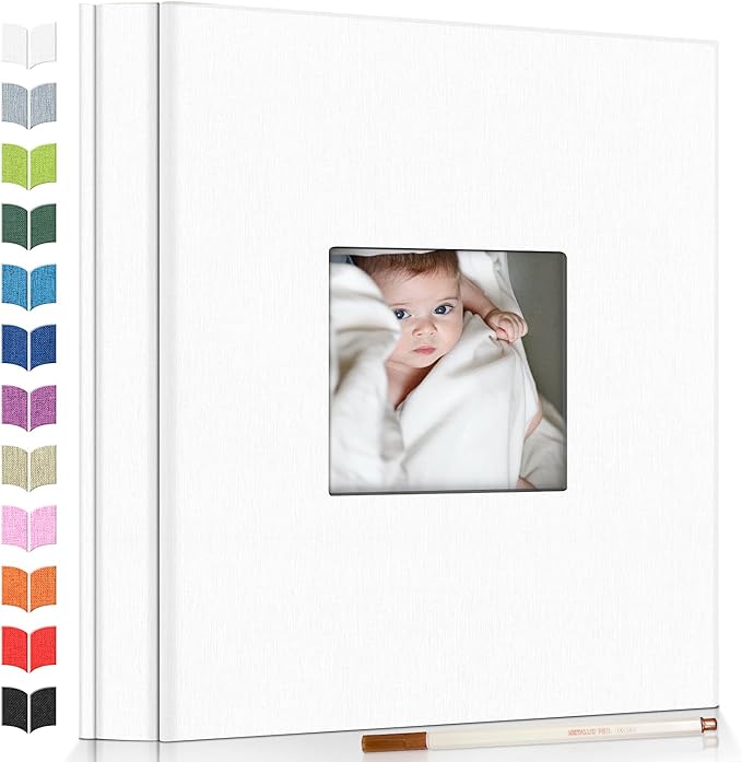 Photo Album Self Adhesive Scrapbook Album for 3x5 4x6 5x7 8x10 Pictures, 60 Pages Linen Cover with Display Window DIY Photo Book,Ideal Gifts for Family Travel Wedding Baby