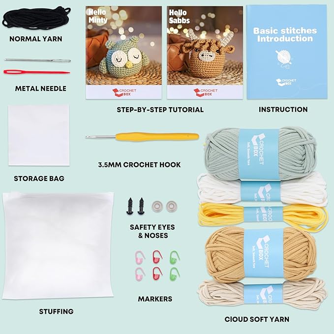 CrochetBox Crochet Kit for Beginner, Highland Cow and Owl Learn How to Crochet Stuffed Animals Gift for Adults and Teen(), Knitting Set with Yarn Hook Stitch-by-Stitch Video Tutorial