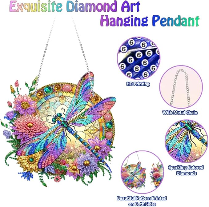 Koikify Diamond Painting Kits Hanging Pendant, Flower & Dragonfly Crystal Diamond Art Hanging Sign, Double-Sided Pattern Craft Ornament for Home Decoration and Gift
