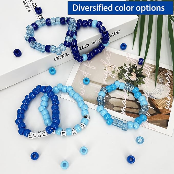 MIIIM 1300 Pcs Pony Beads Kit for Friendship Bracelet, 6 Styles Kandi Bracelet Kit in Box with Individual Compartments, Hair Beads for Braids, Letters (Blue Shades)