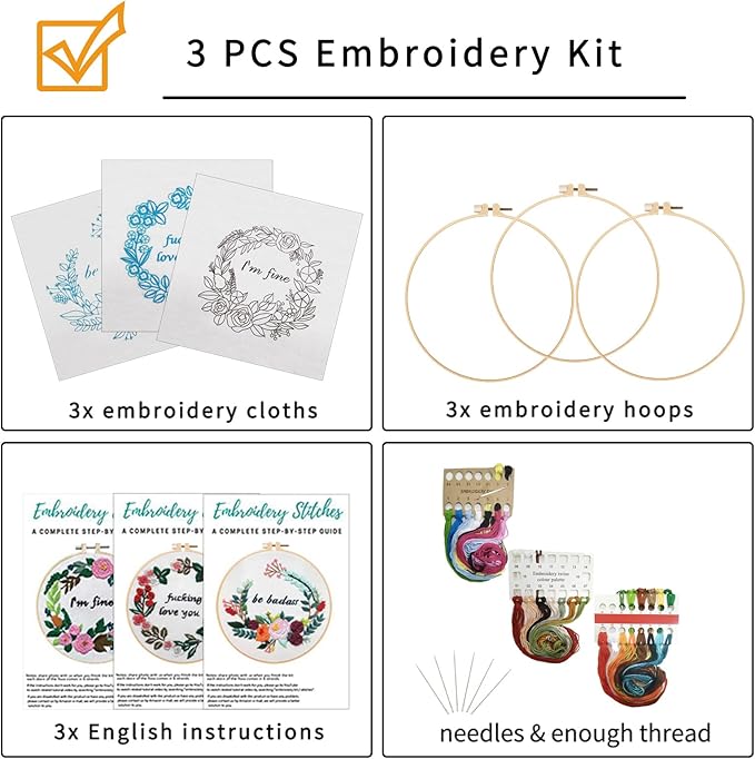 Nuberlic 3 Pack Funny Embroidery Kit, Handmade Cross Stitch Starter Kit for Beginners Adults