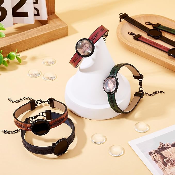 FASHEWELRY 5Pcs PU Leather Cord Bracelet Blanks Bezel Tray Settings Black Flat Round Tray Cabochons Adjustable Round Tray Bracelet Kits with Glass Cabochons for Jewelry Making